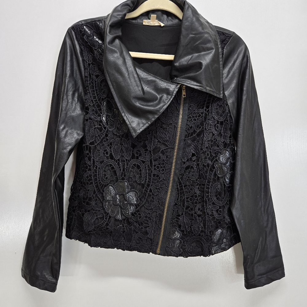 Ham And Thread Black‎ Motto Jacket Lace Faux Leather Woman's Medium Lace Floral